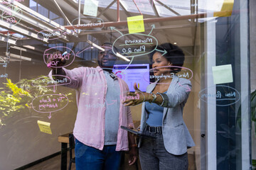 African american coworkers pointing at flowcharts on glass in meeting room with sticky note