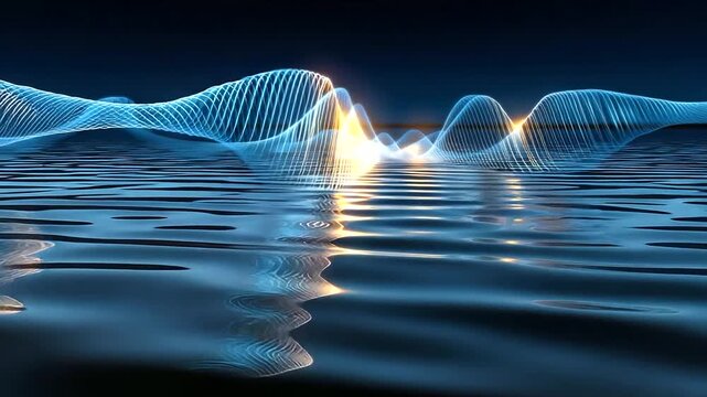 Harmonic sound wave visualized as ripples across a water surface, glowing lines tracing frequencies