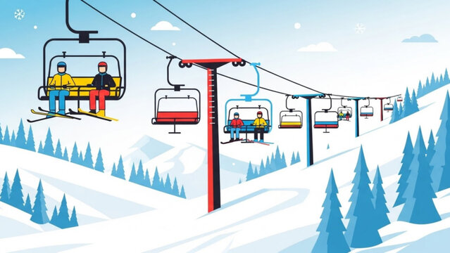 Ski lift carrying people up a snowy mountain winter resort scene with pine trees and clear sky vector illustration for travel and recreation