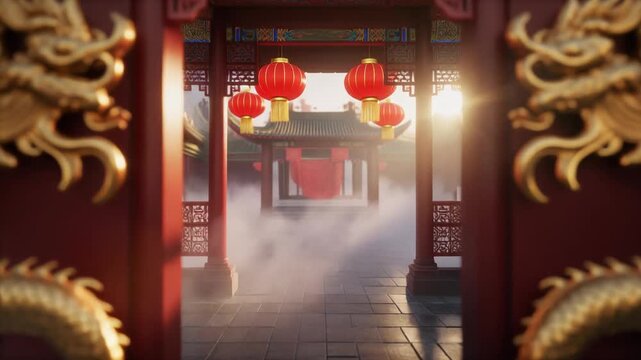 Cinematic video of a traditional Chinese wooden frame decorated with golden dragon carvings