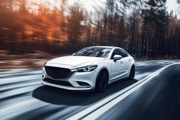  car driving on the road, with a forest background, 