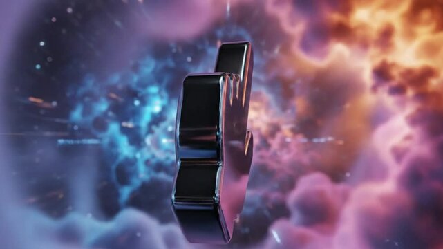 Futuristic silver cursor icon rotating in front of a cosmic background with blue and pink hues