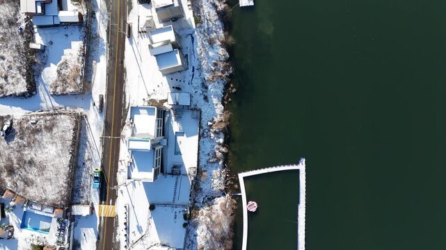 Drone footage, Winter landscape, river, mountain, village in Gapyeon city, South Korea