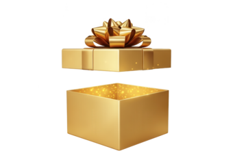 Luxury golden open gift box with ribbon bow and glowing light