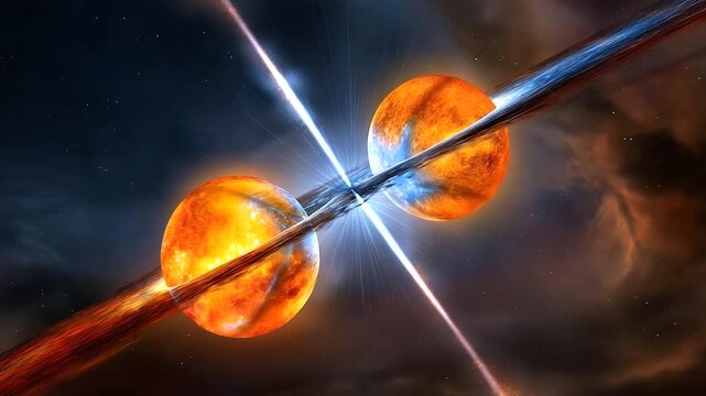 Binary stars spiraling closer, gravitational energy glowing between them