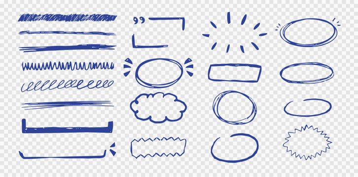 Highlight crayon scribble blue underline chalk or crayon hand drawn border, frame set. Freehand ovals, circles, lines doodle. Chalk pencil ellipse frames, 