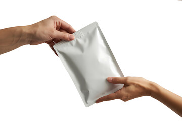 Male Hand Giving Blank White Flexible Foil Pouch with Zipper Seal to Female Hand, Product Mockup Isolated on White Background.