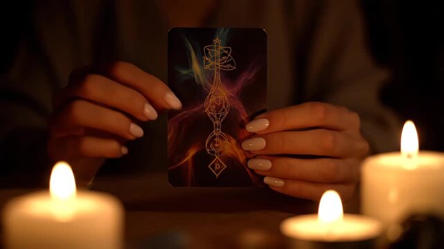 Hands holding mystical tarot card with candles in dark atmosphere