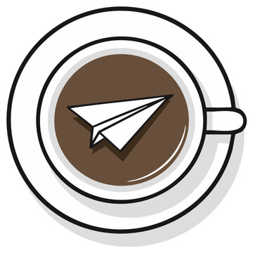 Coffee cup with paper airplane icon symbol. Hot drink. Sending messages concept. White mug. Simple illustration top view flat design.