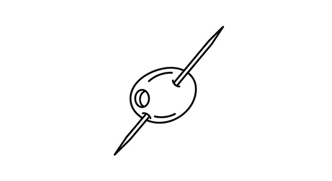 Simple line art drawing of a single pitted olive skewered on a toothpick isolated on a plain white background.