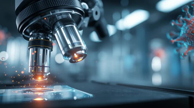 Laboratory research and vaccine development concept, microscope view and sterile lab environment with faint viral structure overlay, cinematic lighting, realistic detail, science editorial artwork