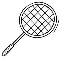 Energetic hand drawn badminton racket illustration with expressive outline and dynamic motion lines
