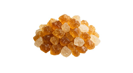 Pile of assorted brown and white rock candy crystals, macro photography, isolated on white background, sweet food ingredient for baking and drinks.