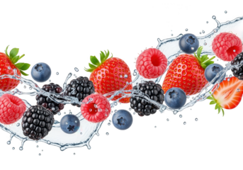 Fresh mixed berries splashing in water healthy food and beverage concept