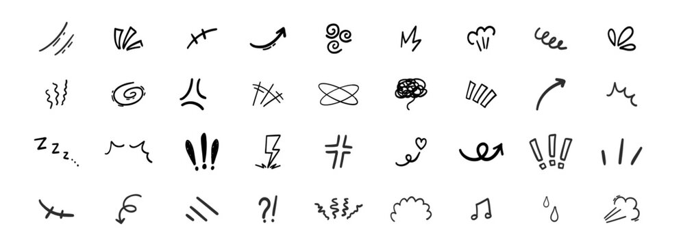 Expressions movement simple set doodle hand drawn. Comic speed lines, manga effect motion. Expression shapes, anime for character emotion.