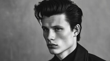 Obraz premium Young man with stylish hair and strong facial features in monochrome portrait showcasing modern beauty and striking intensity against neutral background
