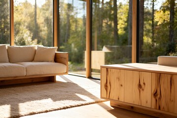 Exklusives nachhaltiges Interior-Design: Minimalistisches Wohnzimmer mit raumhohen Glasfronten, organischen Holzm&ouml;beln und Blick in die Natur