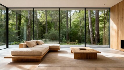 Exklusives nachhaltiges Interior-Design: Minimalistisches Wohnzimmer mit raumhohen Glasfronten, organischen Holzm&ouml;beln und Blick in die Natur