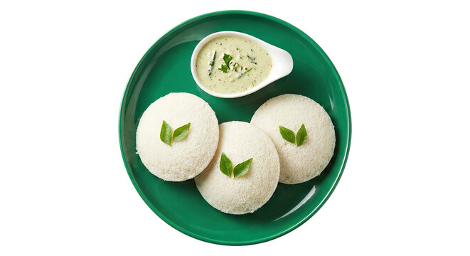 Traditional South Indian Breakfast Idli Rice Cakes served with Coconut Chutney and Curry Leaves on a Green Ceramic Plate Isolated on White