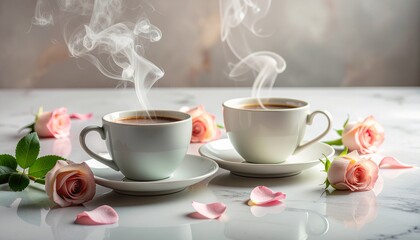 Fototapeta premium Two cups of steaming coffee with pink roses on a marble surface