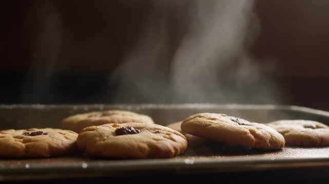 Close-up of freshly baked, warm, golden-brown peanut butter cookies with a dollop of jam, steaming
