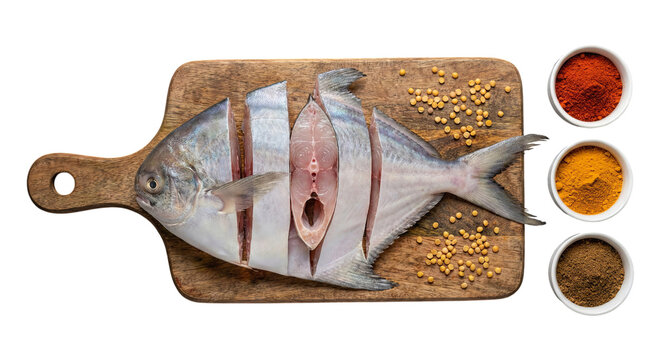 Fresh raw pomfret fish sliced on a wooden cutting board with indian spices like chili powder and turmeric