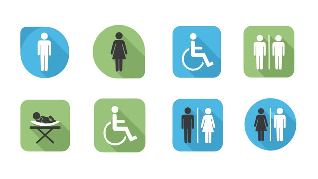 Collection of restroom signs and symbols for men women and disabled people.