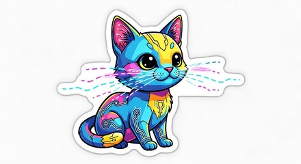 Colorful Cartoon Cat Sticker with Vibrant Artistic Design and Whimsical Appeal.