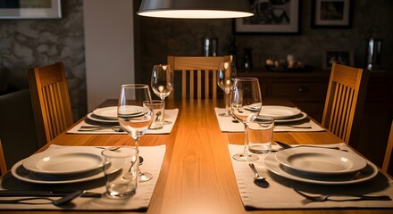 Elegant dining table set for a formal meal, creating an inviting atmosphere for guests.