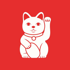 Obraz premium Illustration of a white maneki-neko (beckoning cat) with red background.