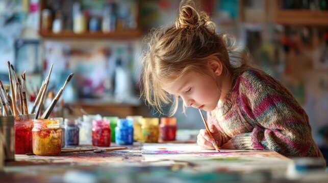 Girl painting with art supplies