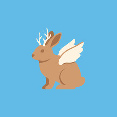 Obraz premium Cartoon rabbit with antlers and wings on a blue background.