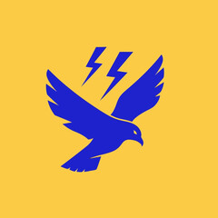Blue eagle with lightning bolts on yellow background.