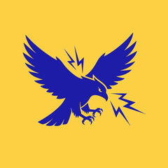Blue eagle with lightning bolts on yellow background.