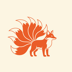 Stylized illustration of a fox with multiple tail feathers in orange and cream.