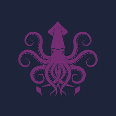 Stylized purple octopus with a squid-like head on a dark background
