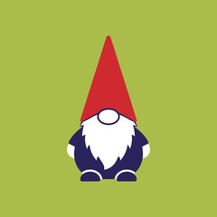 Cartoon gnome with a tall red hat and white beard on a green background.