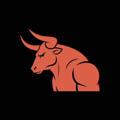 Stylized illustration of a muscular, orange-brown bull with prominent horns.