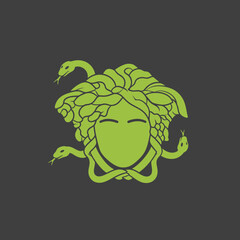 A stylized green face with snakes and snakes forming hair and surrounding it.