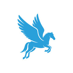 Blue stylized Pegasus with wings spread, depicted in a graphic design style.