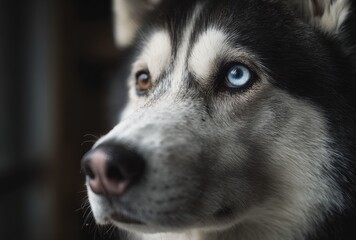 Close up Portrait Of A Husky Dog With Heterochromia Eyes In The Snow