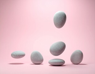 Levitating smooth gray stones on pink background, minimalist balance and zen concept for wellness, relaxation, meditation and spa inspiration
