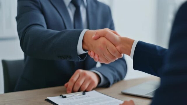 Business professionals shaking hands over a contract document on a wooden table, finalizing a deal