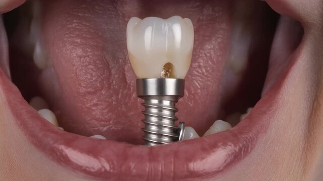 Close-up extreme shot of a single dental implant with crown being showcased inside a person's open
