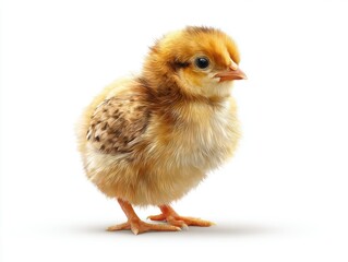 Fototapeta premium Fluffy Yellow Chick with Brown Spots Standing on White Background Soft Light