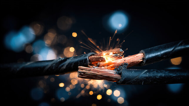 severed. Severed electrical cable with sparks from exposed copper wires. product launch decks, UI/UX mockups, designed for product launches and innovation pitches, highlights innovation.
