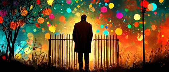 Man Silhouette Before Vibrant Abstract Dreamscape Gateway Digital Illustration