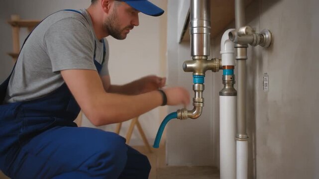 Plumber in Blue Overalls Working on Water Pipes, Fixing a Connection with a Flexible Blue Hose