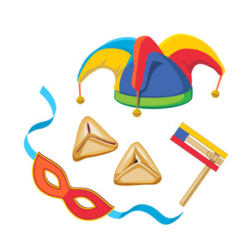 Design elements for Jewish holiday Purim, jester's cap, wooden grogger, hamantaschen cookies, carnival mask. Vector illustration