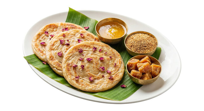 Layered Lachha Paratha Served with Ghee Jaggery and Sesame Seeds on Banana Leaf for Breakfast Isolated on White Background